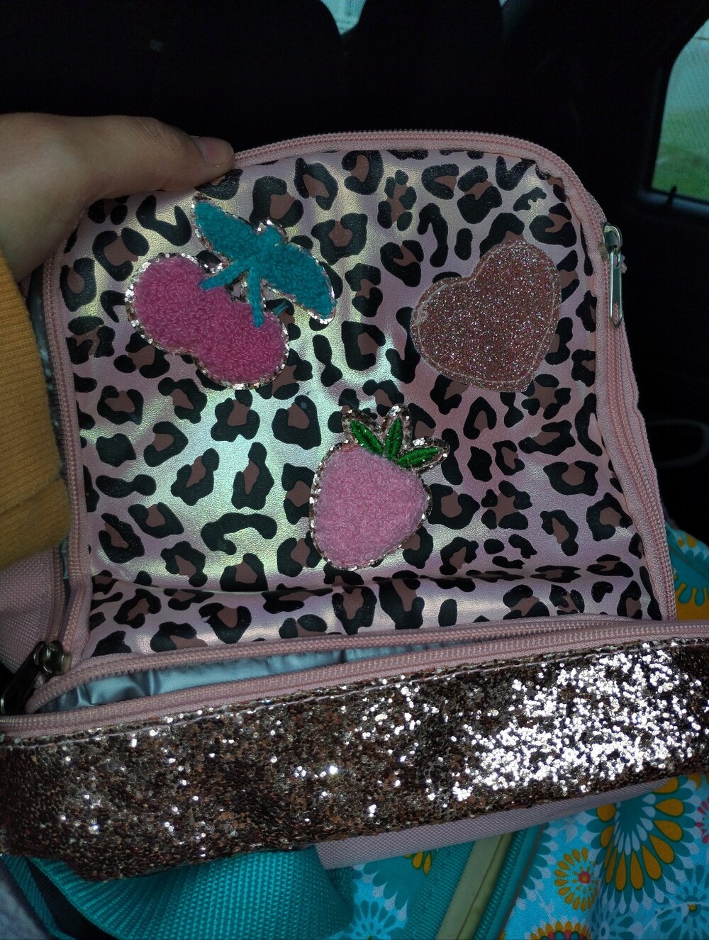 Pink Glitter Leopard Lunch Bag with Fruit & Heart Patches